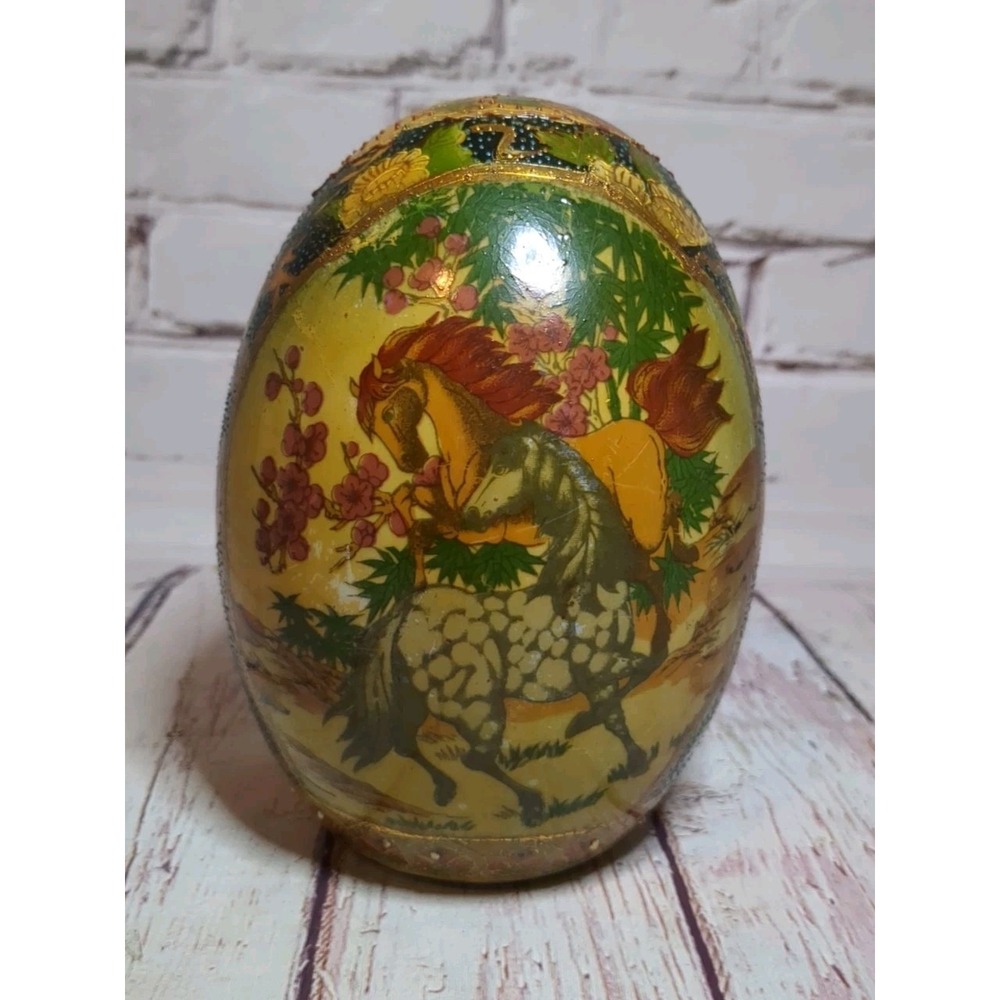 Vintage Satsuma 7" Ceramic‎ Egg Hand Painted Horses Gold Gilt Cloisonne Look